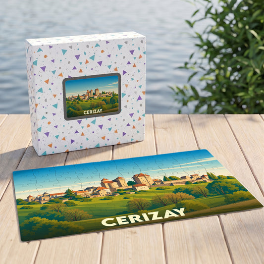 Puzzle souvenir de la ville de Cerizay représentant une illustration stylisée de ses monuments historiques.