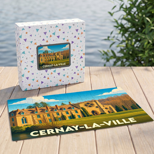 Puzzle souvenir de la ville de Cernay-la-Ville avec une illustration stylisée de son patrimoine architectural.