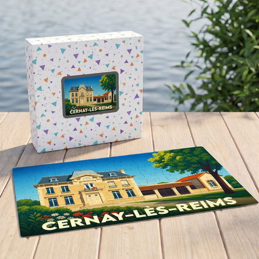Puzzle souvenir de la ville de Cernay-lès-Reims avec une illustration stylisée de sa mairie.