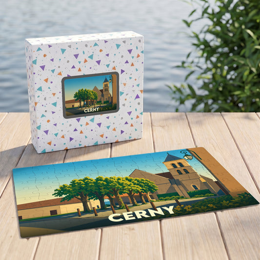 Puzzle souvenir de la ville de Cerny avec une illustration stylisée de son église et de ses arbres.