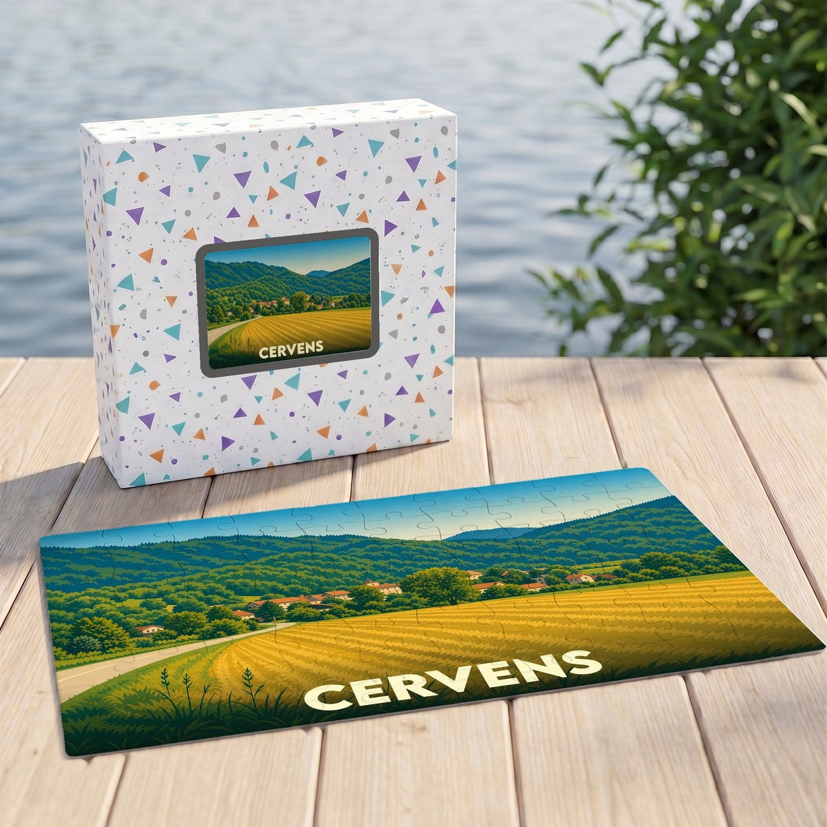 Puzzle souvenir de la ville de Cervens avec une illustration stylisée de son paysage champêtre.