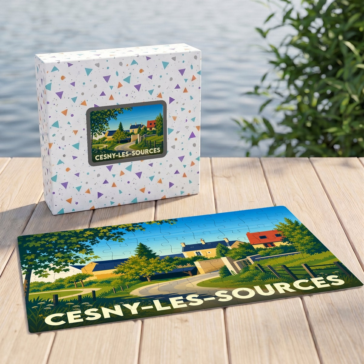 Puzzle souvenir de la ville de Cesny-les-Sources avec une illustration stylisée de son paysage champêtre.