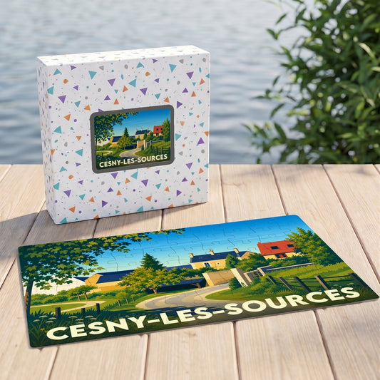 Puzzle souvenir de la ville de Cesny-les-Sources avec une illustration stylisée de son paysage champêtre.