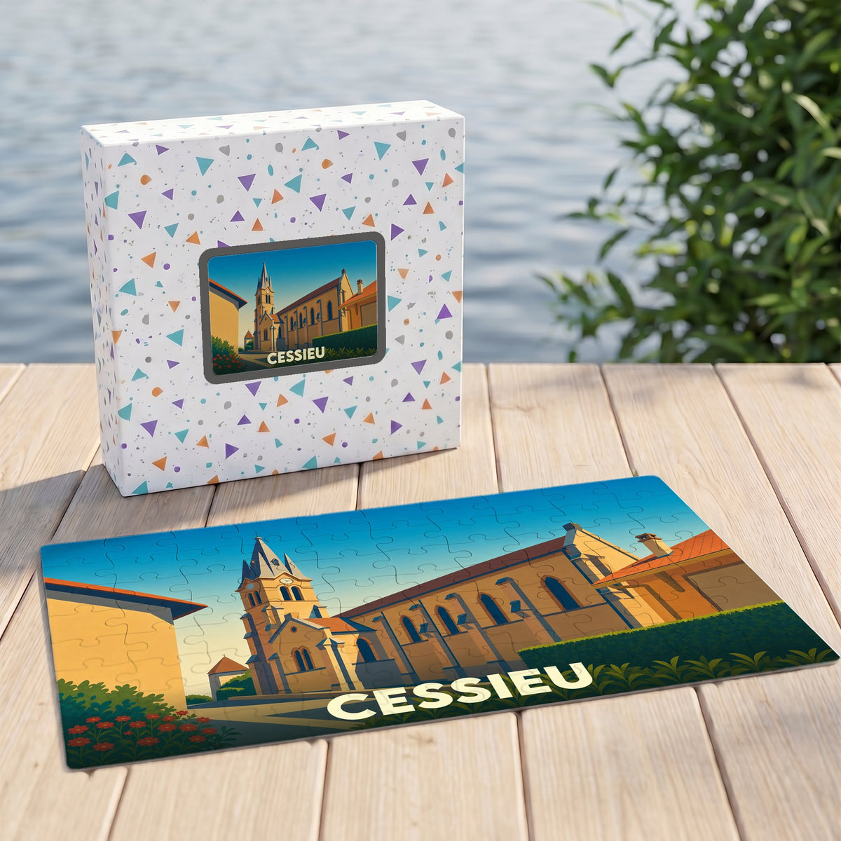 Puzzle souvenir de la ville de Cessieu avec une illustration stylisée de son église, présenté avec sa boîte assortie sur un ponton en bois.