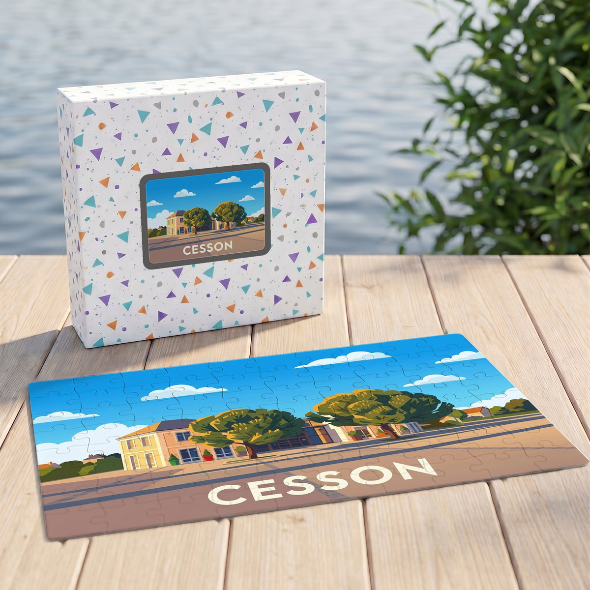 Puzzle souvenir de la ville de Cesson avec une illustration stylisée et colorée.