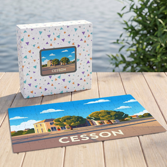 Puzzle souvenir de la ville de Cesson avec une illustration stylisée et colorée.