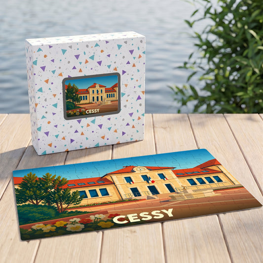 Puzzle souvenir de la ville de Cessy avec une illustration stylisée de sa mairie.