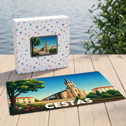 Puzzle souvenir de la ville de Cestas avec une illustration stylisée de son église et de son paysage urbain.