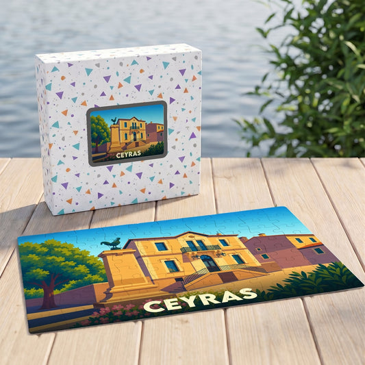 Puzzle souvenir de la ville de Ceyras avec une illustration stylisée d'un bâtiment historique.