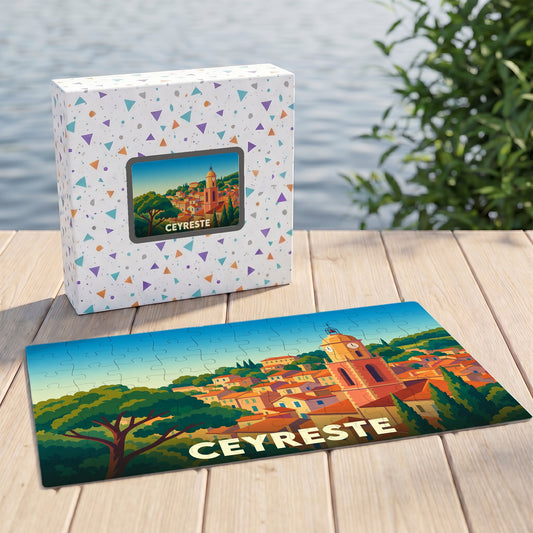 Puzzle souvenir de la ville de Ceyreste avec une illustration stylisée et sa boîte assortie.