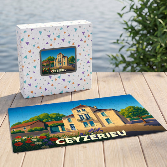 Puzzle souvenir de la ville de Ceyzérieu avec une illustration stylisée d'une maison de maître.
