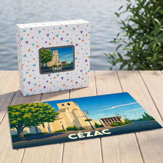 Puzzle souvenir de la ville de Cézac avec une illustration stylisée de son église et de son hôtel de ville.