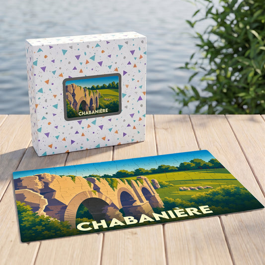 Puzzle souvenir de la ville de Chabanière avec une illustration stylisée d'un aqueduc antique.