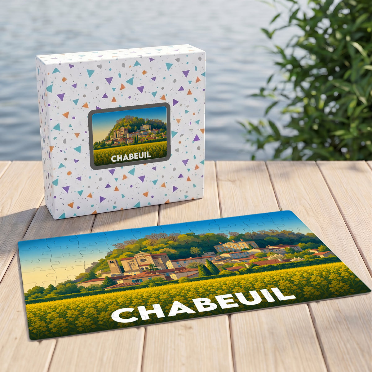 Puzzle souvenir de la ville de Chabeuil avec une illustration stylisée d'un paysage provençal.