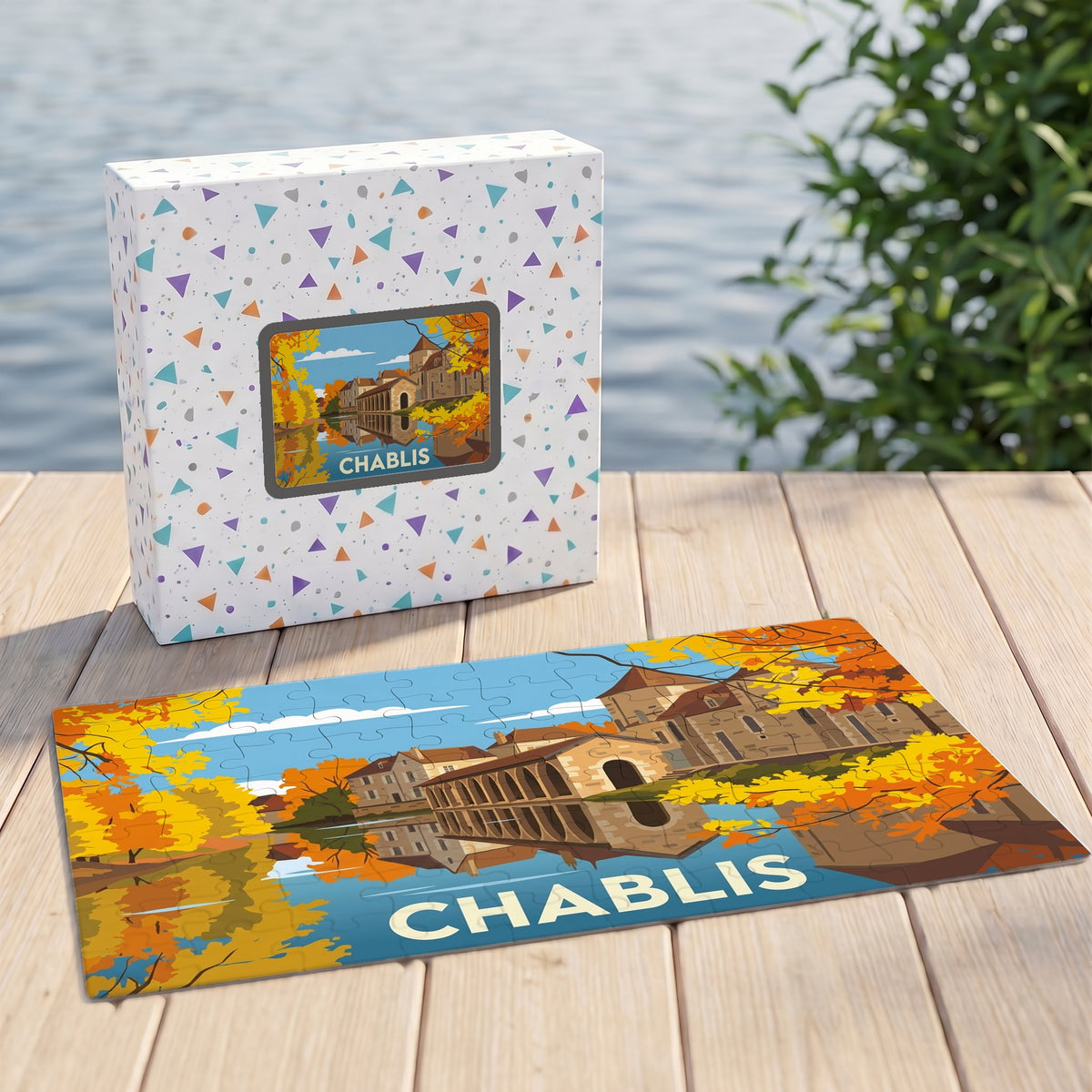 Puzzle souvenir de la ville de Chablis avec une illustration automnale stylisée.