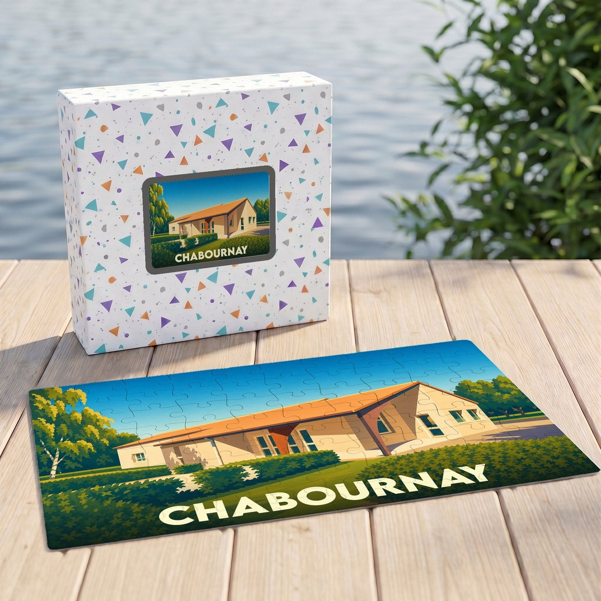 Puzzle souvenir de la ville de Chabournay avec une illustration stylisée.