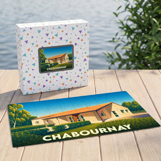 Puzzle souvenir de la ville de Chabournay avec une illustration stylisée.