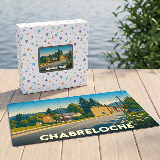 Puzzle souvenir de la ville de Chabreloche présentant une illustration stylisée de ses paysages.