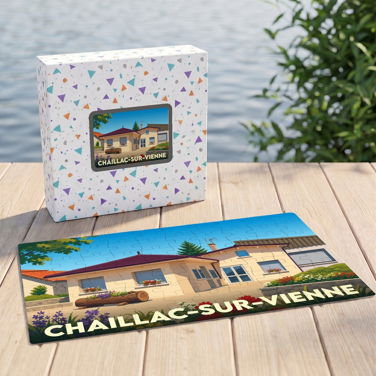 Puzzle souvenir de la ville de Chaillac-sur-Vienne avec son coffret assorti illustré d'une vue de la commune.