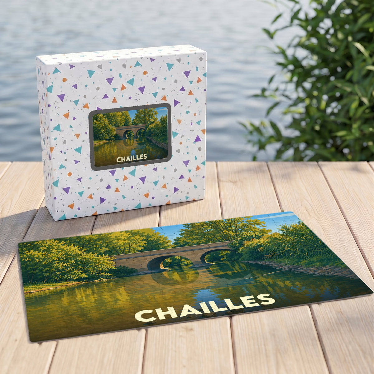 Puzzle souvenir de la ville de Chailles illustré d'un pont en pierre traversant une rivière calme.