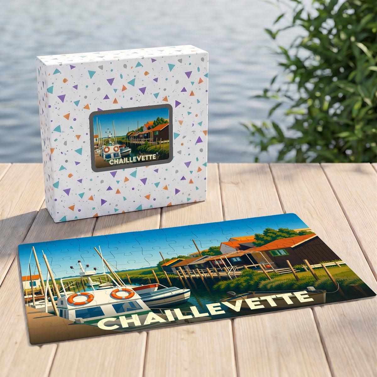 Puzzle souvenir de la ville de Chaillevette représentant une illustration stylisée d'un port de pêche.