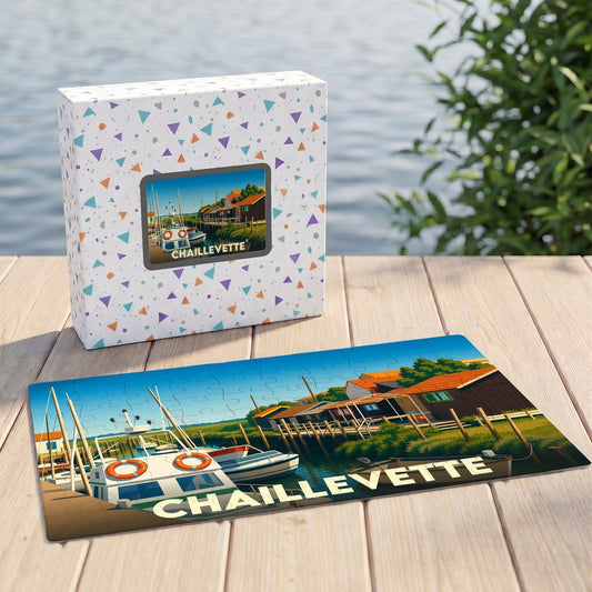 Puzzle souvenir de la ville de Chaillevette représentant une illustration stylisée d'un port de pêche.