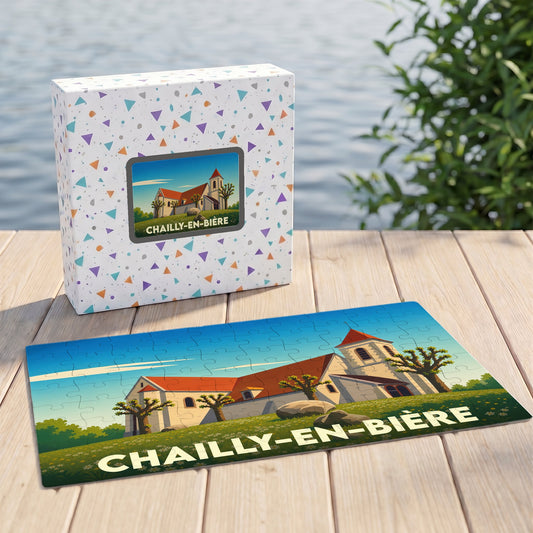 Puzzle souvenir de la ville de Chailly-en-Bière avec une illustration stylisée de son église.