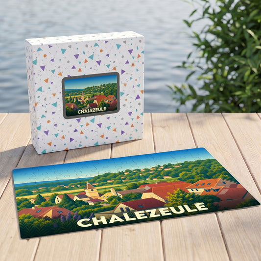 Puzzle souvenir de la ville de Chalezeule illustré par un paysage panoramique coloré du village.