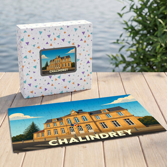 Puzzle souvenir de la ville de Chalindrey représentant son hôtel de ville dans un style illustré.