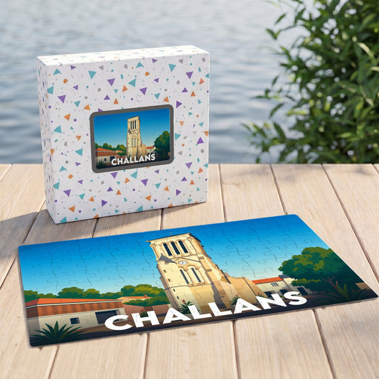 Puzzle souvenir de la ville de Challans avec une illustration stylisée de son église.