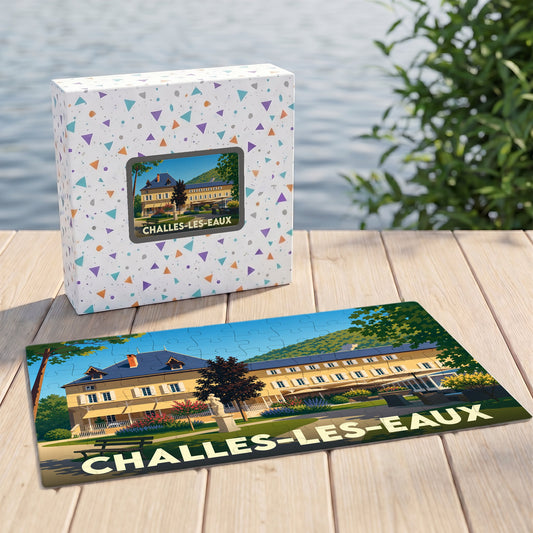 Puzzle souvenir de la ville de Challes-les-Eaux avec une illustration stylisée de son architecture thermale.