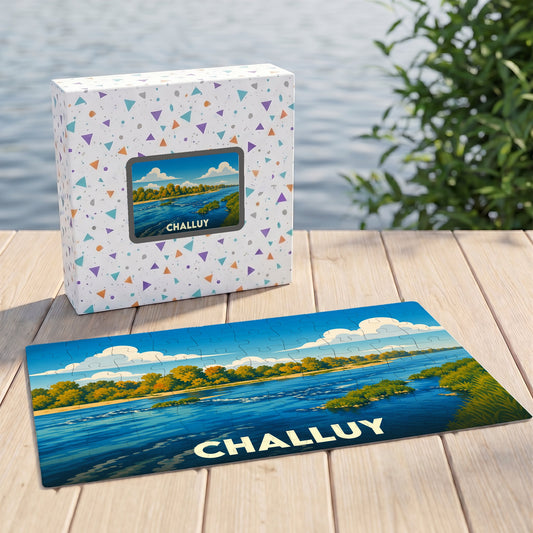 Puzzle souvenir de la ville de Challuy avec une illustration de paysage de bord de Loire.