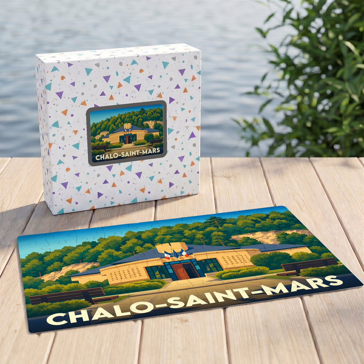 Puzzle souvenir de la ville de Chalo-Saint-Mars illustrant la mairie avec un style graphique épuré.