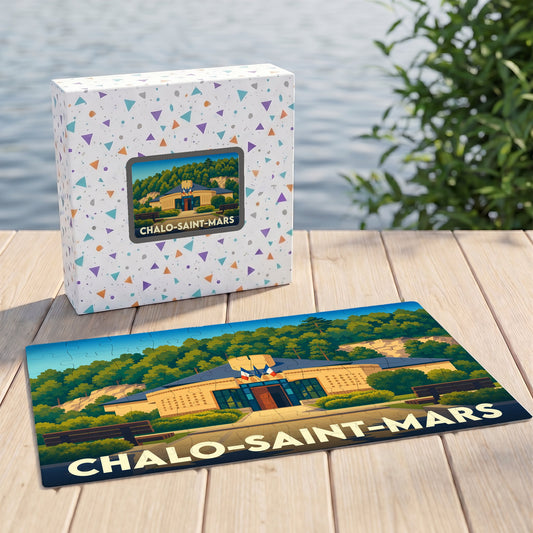Puzzle souvenir de la ville de Chalo-Saint-Mars illustrant la mairie avec un style graphique épuré.