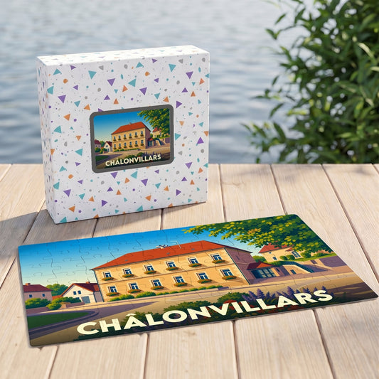 Puzzle souvenir de la ville de Châlonvillars avec une illustration colorée de l'architecture locale.