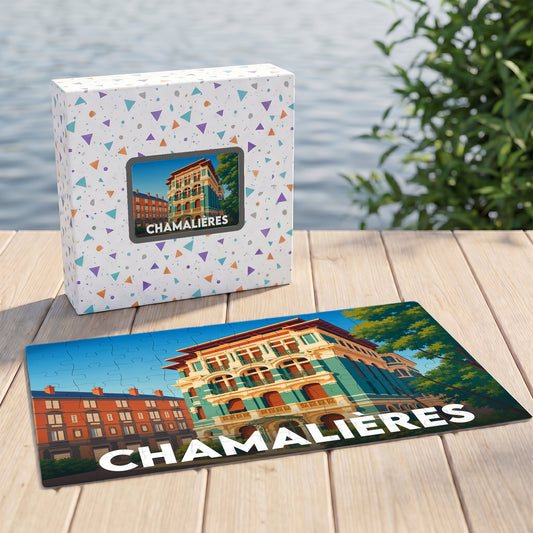 Puzzle souvenir de la ville de Chamalières avec une illustration stylisée d'architecture urbaine.