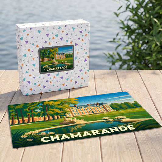 Puzzle souvenir de la ville de Chamarande avec une illustration stylisée de son château et de son parc.