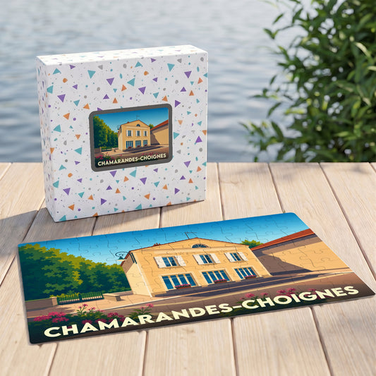 Puzzle souvenir de Chamarandes-Choignes présentant une illustration stylisée de la commune sur sa boîte et ses pièces.