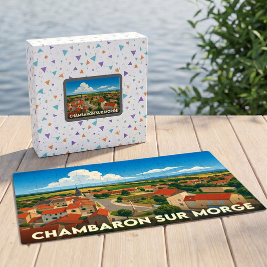Puzzle souvenir de la commune de Chambaron-sur-Morge illustré d'un paysage de campagne stylisé.