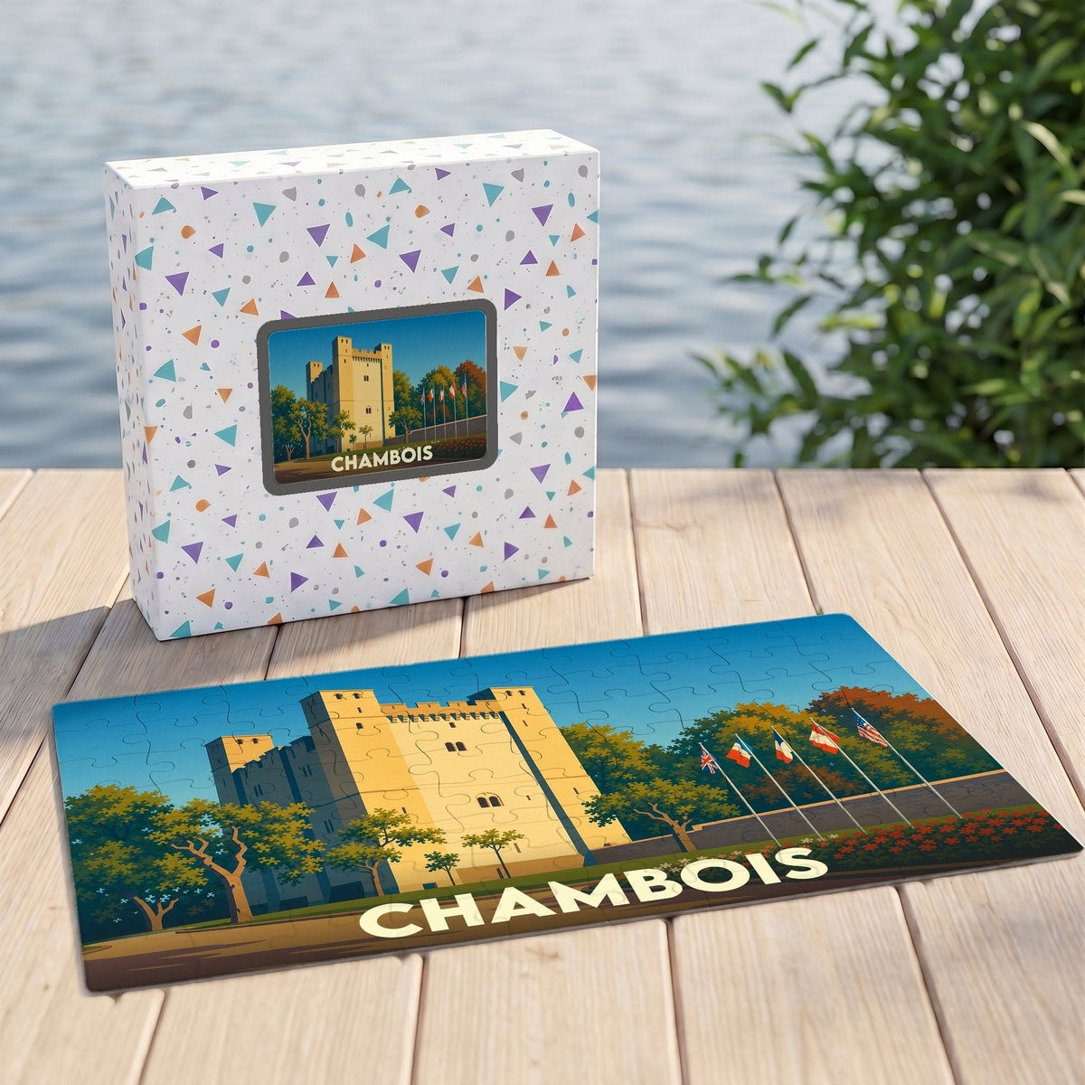 Puzzle souvenir de la ville de Chambois avec une illustration stylisée de son donjon et de drapeaux.