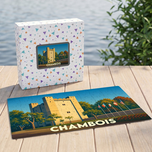 Puzzle souvenir de la ville de Chambois avec une illustration stylisée de son donjon et de drapeaux.
