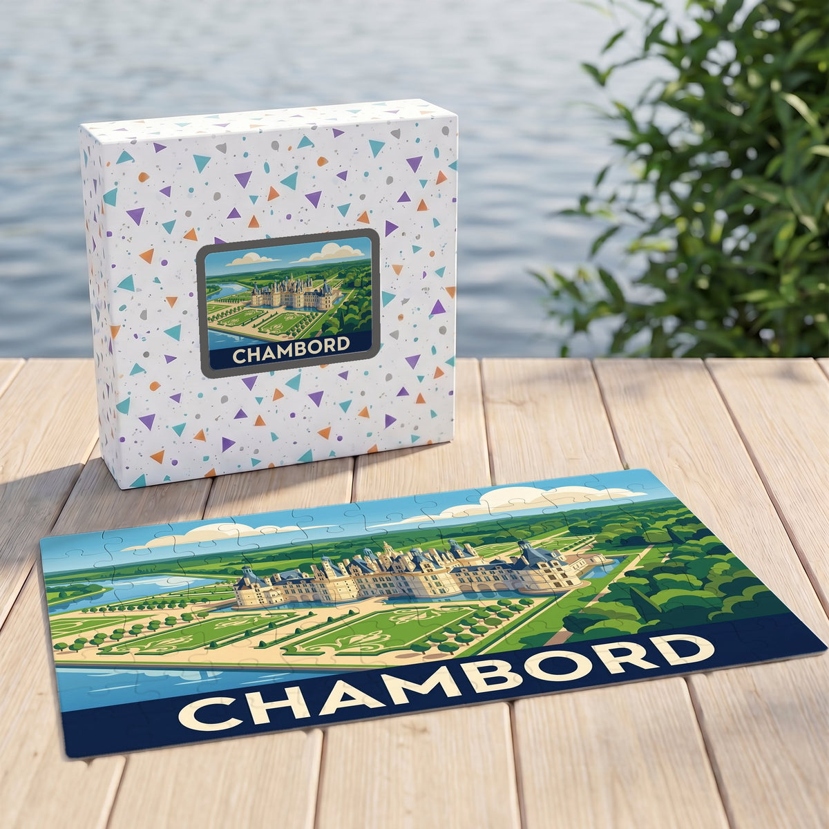 Puzzle souvenir de la ville de Chambord avec une illustration stylisée du château et de ses jardins.