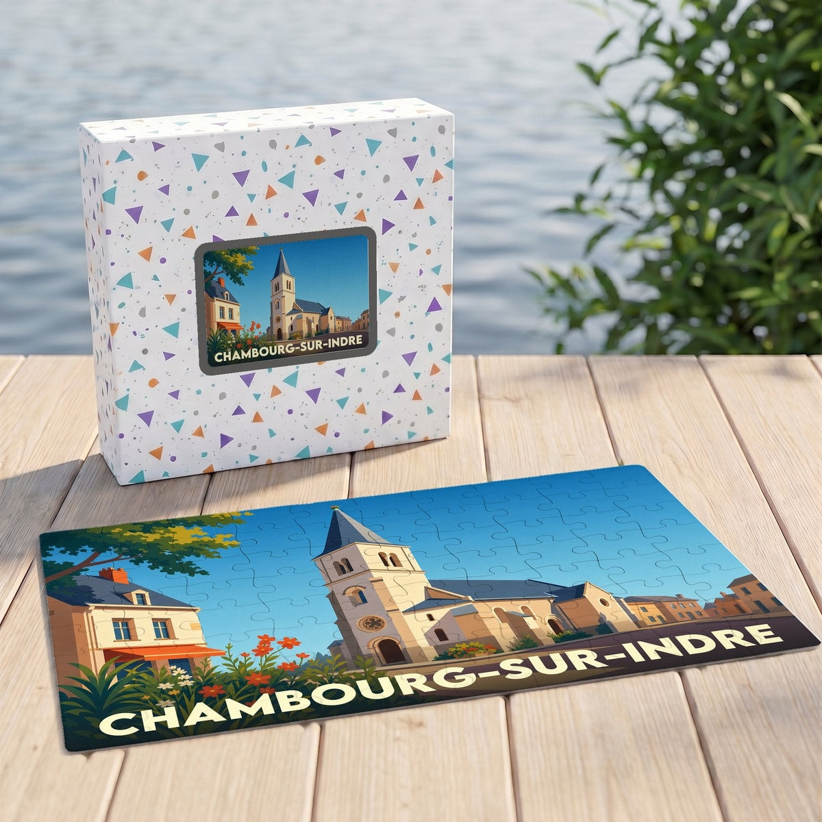 Puzzle souvenir de la ville de Chambourg-sur-Indre avec une illustration stylisée de son église.