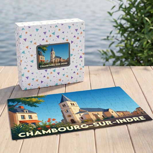 Puzzle souvenir de la ville de Chambourg-sur-Indre avec une illustration stylisée de son église.