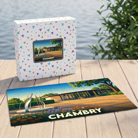 Puzzle souvenir de la ville de Chambry avec une illustration stylisée d'un parc.