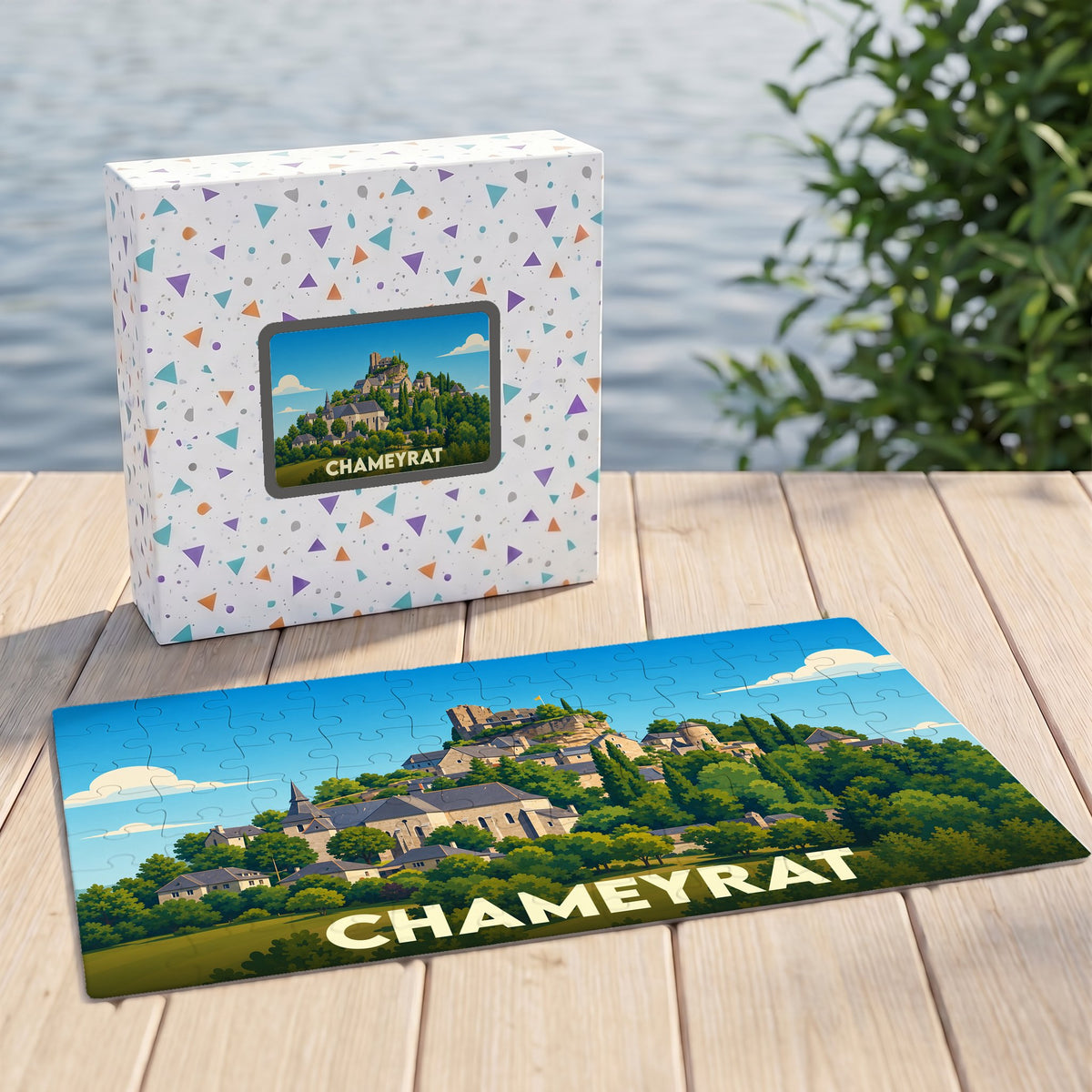Puzzle souvenir de la ville de Chameyrat avec une illustration stylisée d'un paysage collinaire.