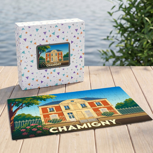 Puzzle souvenir de la ville de Chamigny présentant une illustration stylisée d'une demeure historique.