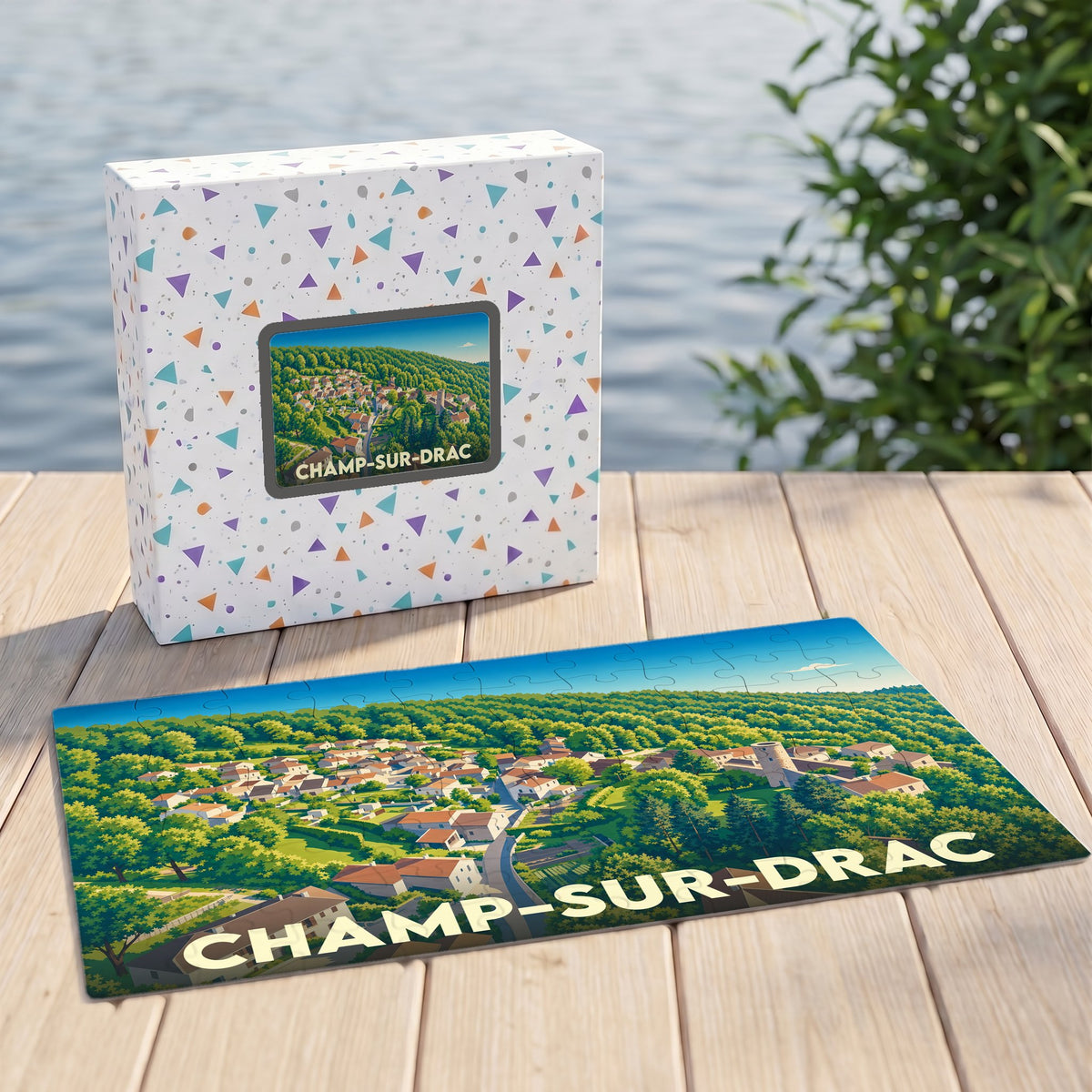 Puzzle souvenir de la ville de Champ-sur-Drac illustré d'un paysage panoramique verdoyant.