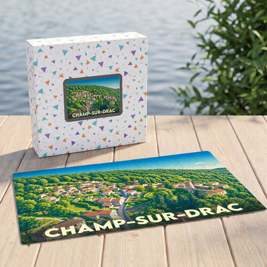 Puzzle souvenir de la ville de Champ-sur-Drac illustré d'un paysage panoramique verdoyant.