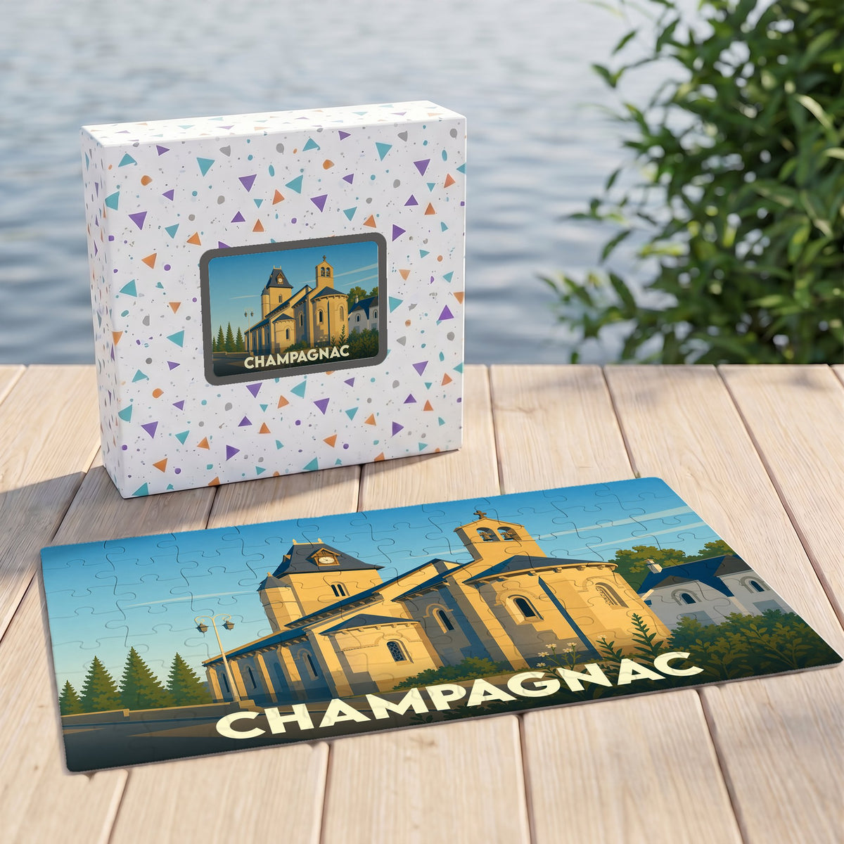 Puzzle souvenir de la ville de Champagnac avec une illustration stylisée d'une église.